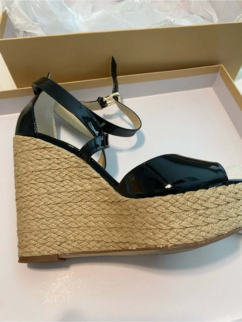 Michael Kors Black Patent Platform Sandals with Ankle Strap